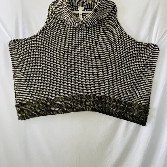Chico's Womens Ambere Olive Green Turtleneck Fur Trim Poncho Sweater One Size - Picture 1 of 9